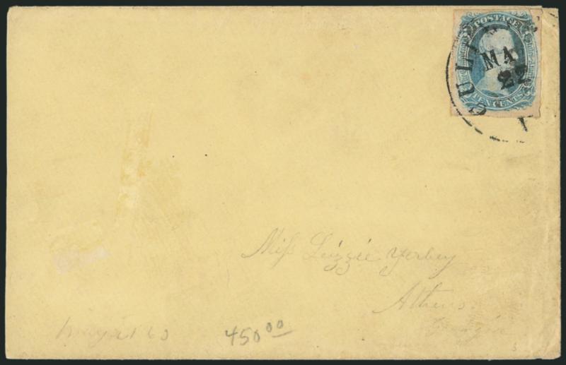 10c Blue, TEN (9).> Large margins to full, tied by light strike of Culpepper C.H. Va. Ma? 22 circular datestamp on yellow cover to Athens Ga., slightly reduced at left, stamp with flaw at top right (possibly
repaired), Very Fine appearance