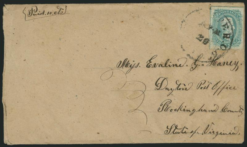 10c Blue, Frameline (10).> Showing full or partial framelines on three sides, tied by light strike of Culpepper C.H. Va. Apr. 28 circular datestamp on cover to Dayton P.O. Va., with original contents (soldiers
letter), ms. <<Paid 10cts.>> at top