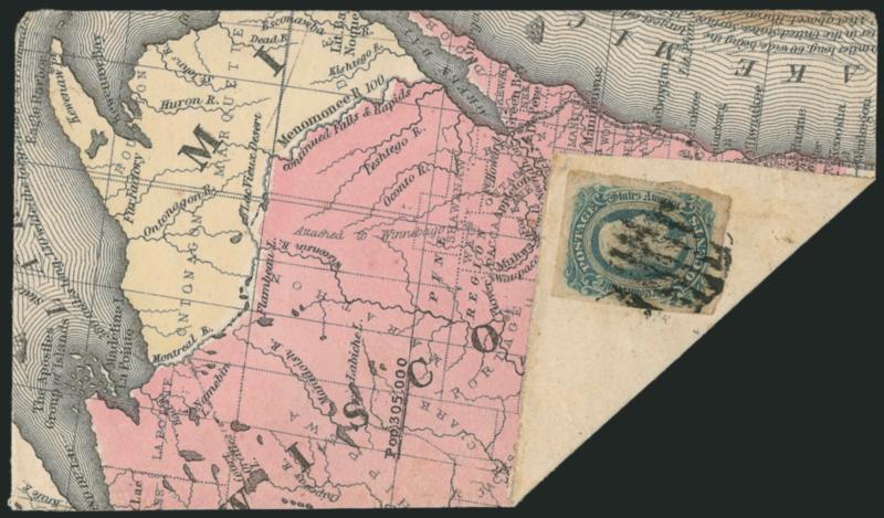 10 Blue, Die B (12).> Large margins, tied by army grid on <adversity cover made from multicolored map of Michigan and Wisconsin> to West Pint Ga.<><>^EXTREMELY FINE. A SPECTACULAR ADVERSITY USAGE AND ONE OF
THE CHOICEST MAP COVERS WE HAVE EVER ENCO