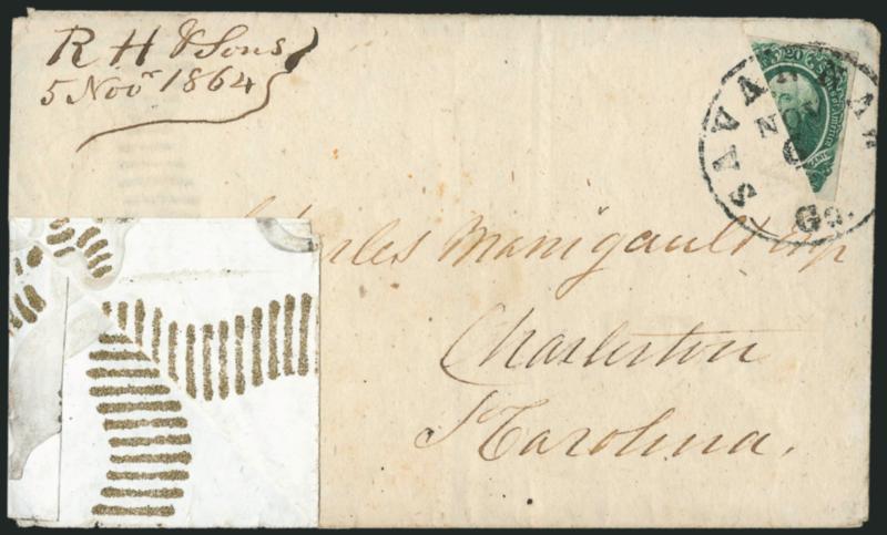 20c Green, Diagonal Half Used as 10c (13c).> Top right diagonal half, large margins, tied by Savannah Ga. Nov. 6 circular datestamp on <white, gold and gray wallpaper> cover to Charles Manigault at Charleston
S.C., senders endorsement (or docketin