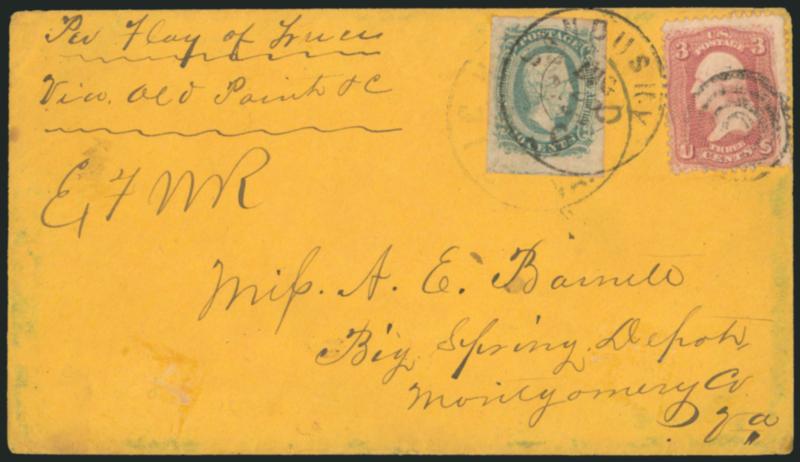 Johnsons Island, Sandusky O.> Orange cover bearing 3c Rose (65) tied by target and Sandusky O. Aug. 29 circular datestamp to Big Spring Depot Va., also with C.S.A. 10c Greenish Blue (11c), huge margins, tied
by light strike of Richmond Va. Sep. 1