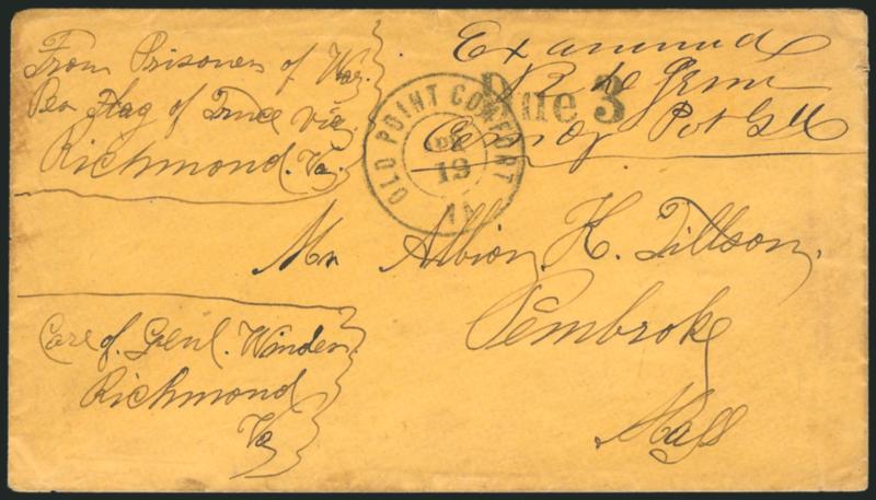 Richland Jail, Columbia S.C.> Northbound inner cover endorsed <<From Prisoner of WarPer Flag of Truce viaRichmond Va.>> and <<Care of Genl. WinderRichmond Va.>>, manuscript <<Examined RD Senn, Com of Post Gd>>
censors marking at top right,