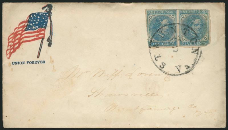 5c Blue, Local (7).> Horizontal pair, margins to in, tied by Staunton Va. ? 5 circular datestamp on <captured Union patriotic> cover to Shawsville Va., original letter enclosed, interesting envelope production
error with the gum applied to the outs