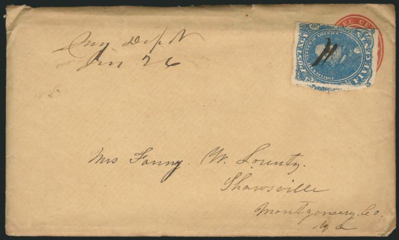 5c Blue, 10c Blue (4, 11).> Two covers, first 5c Blue applied partly <over U.S. 3c Star Die entire indicia,> on cover from Valley Point Va. to Shawsville Va., original contents datelined 1862, second cover a
<turned usage> with U.S. 3c Dull Red (11A)