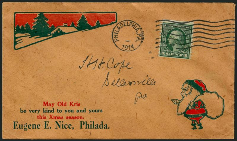Santa Claus Covers.> 18 covers, all different, 1906-1943, beginning with a turn-of-the-century letter and unmailed cover from 5-yr-old to Santa at <<north pol green land>>, last a military Santa from a S.C.
camp, all very scarce or rare, most on pa