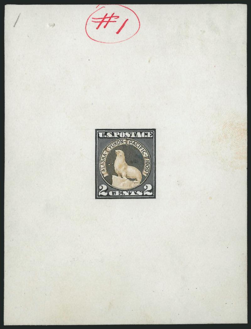 2c Alaska-Yukon, Model Essay (370-E1).> 77 x 101mm card with black and white wash drawing of frame and pasted on photo of seal on an ice block, this is the first model for the Alaska-Yukon-Pacific Exposition
created in March 1909 by Bureau designer C