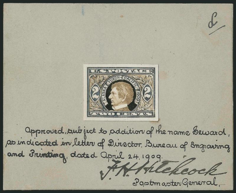 2c Alaska-Yukon, Model Essay (370-E4).> 92 x 75mm card with wash drawing of frame similar to that adopted with seal essay cut out and mounted over Seward vignette derived from an 1876 bond (Bureau Die No.
2373), vignette background retouched with bla