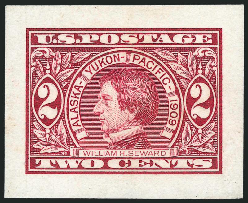 2c Alaska-Yukon, Die Essay on Wove (370-E7).> Face and collar lightly engraved, horizontal background lines only, no shading on ribbons, Extremely Fine, one of two known, ex Johl, who states The framing and
lettering was engraved by Robert Ponickau