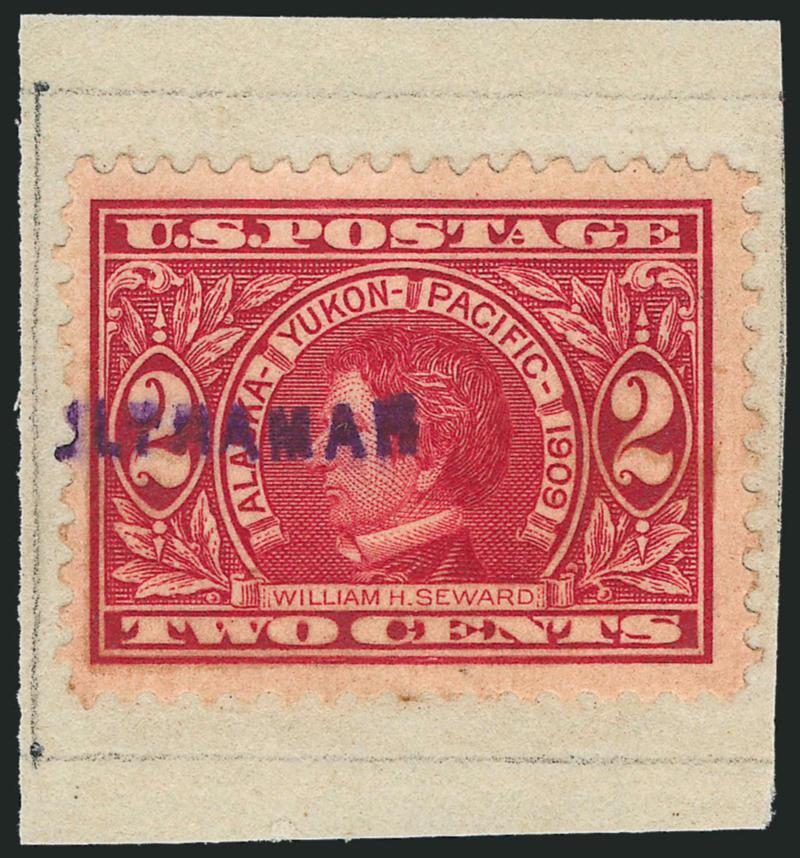 2c Alaska-Yukon, Ultramar (Overseas) Specimen Ovpt. (370S).> Purple handstamp applied by Portuguese Postal Authorities upon receipt from U.P.U. headquarters in Berne, Switzerland for distribution to their
Colonial Post Offices, affixed to piece of