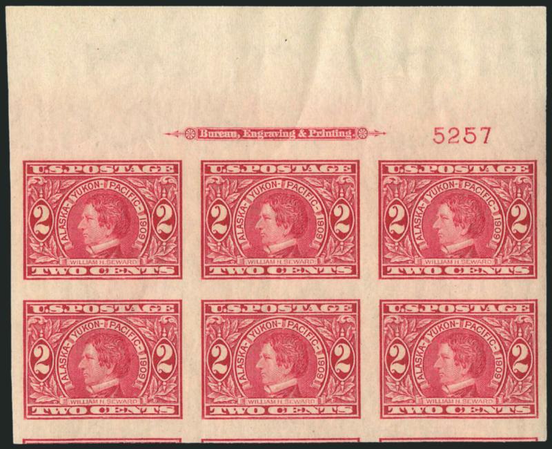2c Alaska-Yukon, Imperforate (371).> Two Mint N.H. imprint and plate no. blocks of six (bottom no. 5249 and wide top no. 5257), couple typical natural gum bends, Extremely Fine