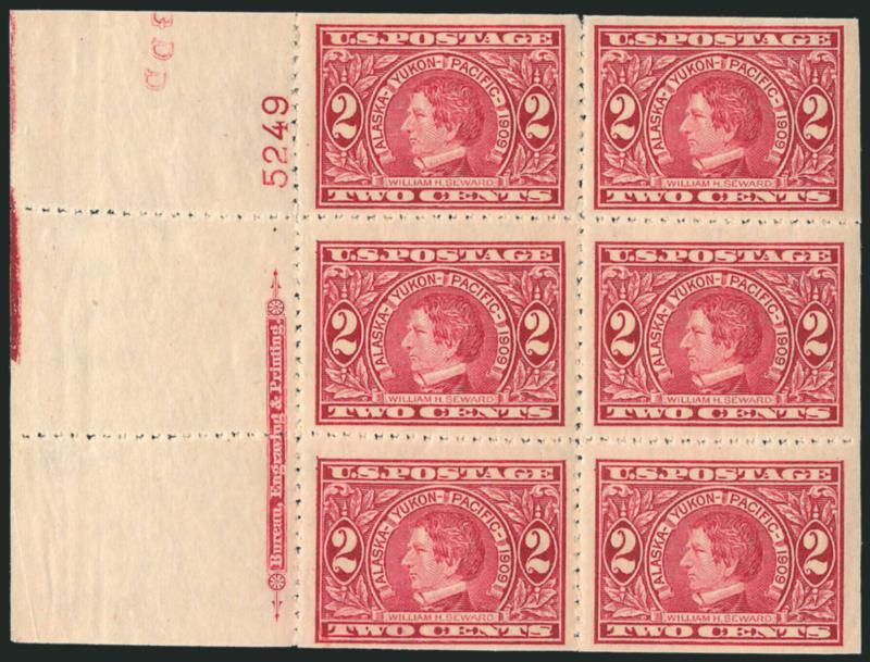 2c Alaska-Yukon, Imperforate, Private Sewing Machine Perforations (371 var.).> Left imprint and plate no. 5249 block of six, fresh and Fine-Very Fine, probably unique, this is believed to be the creation of
the Cleveland Postmaster during the 1914