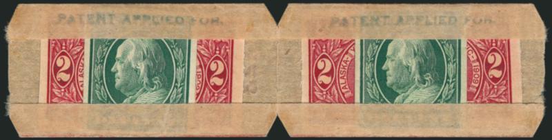1c Green, 2c Alaska-Yukon, Imperforate, U.S. Automatic Vending Co. Pocket Ty. 2-3 (343, 371).> Pair, each with one and two respectively, the 1c with U.S. Automatic Vending Ty. I perforations, Mint N.H.,
handstamp Patent Applied For and numbered 22