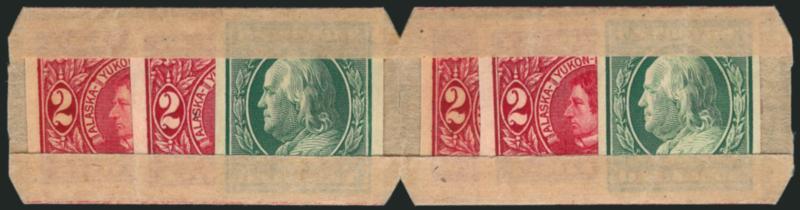 1c Green, 2c Alaska-Yukon Imperforate, U.S. Automatic Vending Co. Pocket Ty. 4-3 (343, 371).> Pair, each with one and two respectively, Mint N.H., numbered 59 and 60 on back, Very Fine, Scott Retail as two
single pockets.