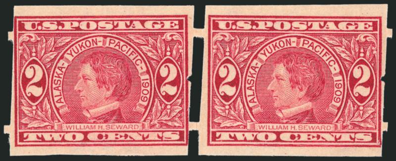2c Alaska-Yukon, Imperforate, Attleboro Stamp Co. Private Perforations (371).> Mint N.H. pair, brilliant color, choice centering<><>^VERY FINE. A RARE MINT NEVER-HINGED PAIR OF THE 2-CENT ALASKA-YUKON ISSUE
WITH ATTLEBORO PRIVATE VENDING MACHINE PE