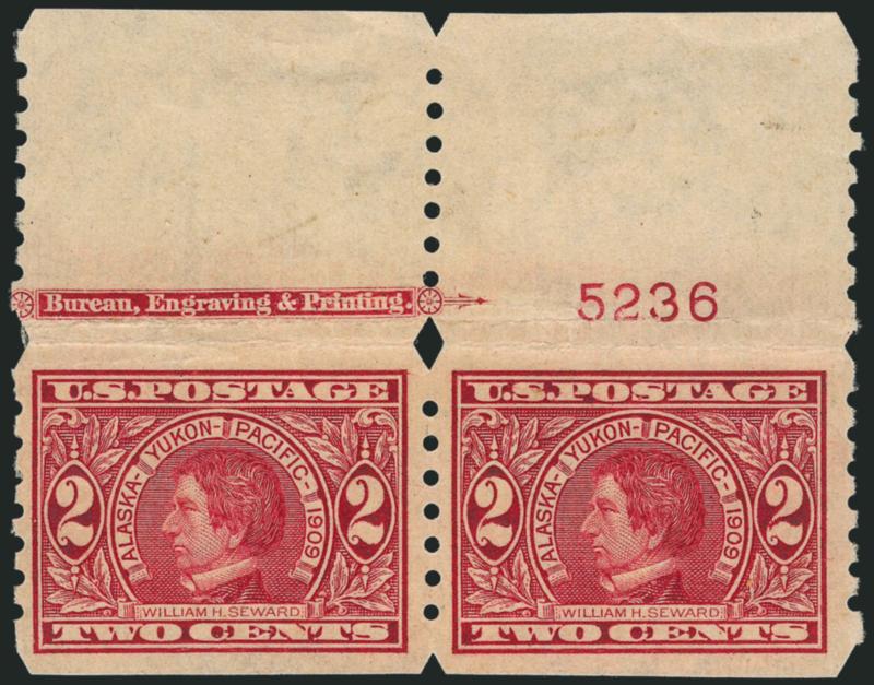 2c Alaska-Yukon, Imperforate, Private Vending Machine Perforations (371 vars.).> Three unused pairs and strip of four, three used singles and used pair, several different, incl. U. S. Automatic Vending Ty. III
with top part imprint and plate no. 5236