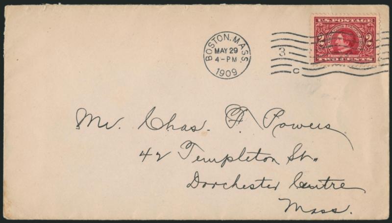 2c Alaska-Yukon (370).> Tied by <pre-First Day Boston Mass. May 29 4-PM 1909> machine cancel on cover to Mr. Chas. Powers in Dorchester Centre, Mass., neatly opened at top, the stamp has exceptionally choice
centering<><>^EXTREMELY FINE. A RARE P