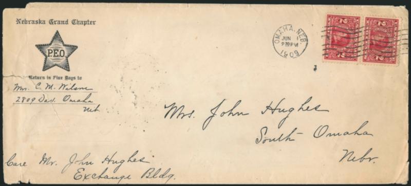 2c Alaska-Yukon (370).> Vertical pair, tied by <Omaha Neb. Jun. 1, 1909 9:30PM First Day> postmark on oversize cover to South Omaha Nebr., tear at left and some slight edgewear, still Fine, scarce, one of only
five recorded First Day covers franked