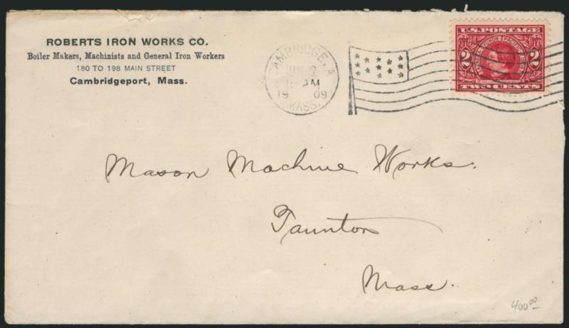 2c Alaska-Yukon (370).> On attractive Iron Works corner card cover tied by Cambridge Mass. Jun. 2, 1909 <Second Day> waving-flag machine cancel, Very Fine, very scarce, with 1990 P.F. certificate, Scott Retail
for June 1, 1909 first day cover is $3,0