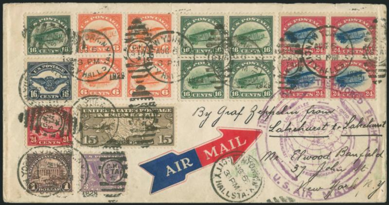 6c-24c 1918-23 Air Post (C1-C6).> Blocks of four of Nos. C1-C3, used with Nos. 537, 571, C2, C5, C6 and C8 and tied by New York City City Hall Sta. Aug. 6, 1929 duplexes on cacheted Zeppelin flight cover
addressed to New York, Lakehurst backstamp (