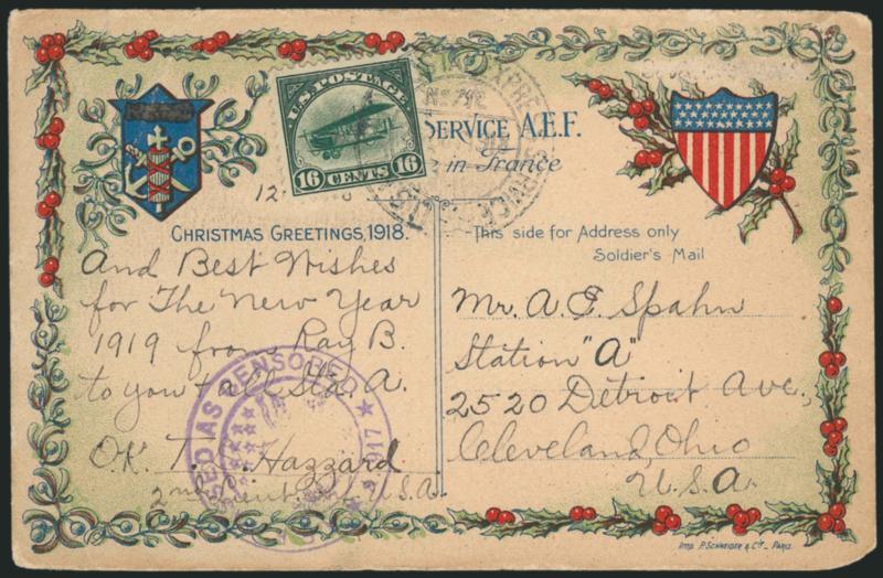 16c Green, 1918 Air Post (C2).> Nicely centered, tiny scuff, on beautiful multicolor soldiers mail framed with holly leaves and berries and mistletoe (?), patriotic shield and crest, tied by U.S. Military
Express Postal Service double circle with