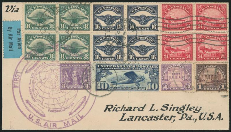 8c-24c 1923 Air Post (C4-C6).> Blocks of four, used with Nos. 537, 570, 571 and C10 on cover to Lancaster Pa., purple First Round-the-World U.S. Air Mail cachet, stamps cancelled or tied by Lancaster Aug. 6,
1929 datestamps, Lakehurst and Lancast