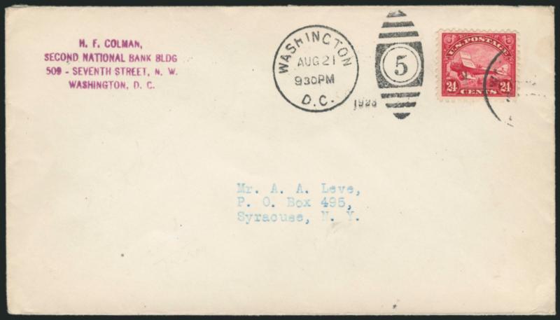 24c Carmine, 1923 Air Post (C6).> Tied by Washington D.C. Aug. 21, 1923 duplex on <First Day> cover to Syracuse N.Y., Washington D.C. Aug. 21, 1923 Register or Insure Valuable Mail slogan machine cancel on
back, fresh and Very Fine