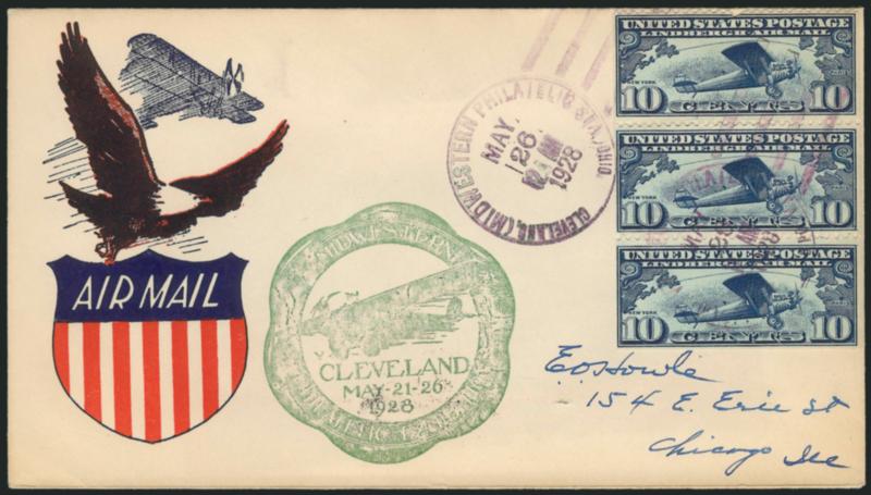 10c Lindbergh, Booklet Pane (C10a).> Without tab, used on <First Day cover> and tied by Cleveland (Midwestern Philatelic Station) Ohio May 26, 1928 duplex handstamps to Chicago, attractive Shield, Eagle and
Airplane cachet, green show cachet featur
