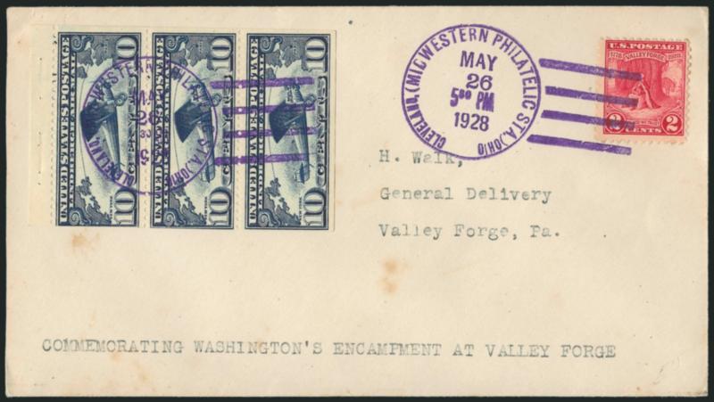 10c Lindbergh, Booklet Pane (C10a).> On cover cancelled by purple Cleveland (Midwestern Philatelic Sta.) Ohio May 26 1928 First Day cancel, <No. 645 at top right similarly tied,> also incl. booklet pane single
tied by the same marking in green on c
