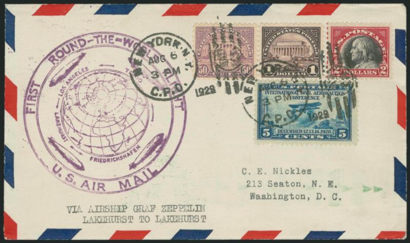 $2.00 Carmine & Black (547).> Used with 50c and $1.00 1922 Issue and 5c Aeronautics, tied by New York Aug. 6, 1929 duplex on <Graf Zeppelin round-the-world flight> cover to Nickles in Washington D.C., purple
cachet, Lakehurst N.J. special machine can