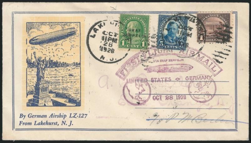 Roessler Graf Zeppelin Ovpt..> 1c Green (632) bearing Roessler cinderella overprint, used with 5c and $1.00 1922-25 Issue, tied by Lakehurst N.J. Oct. 28, 1928 duplexes on cover with picture cachet depicting
Graf Zeppelin flying over the Statue o