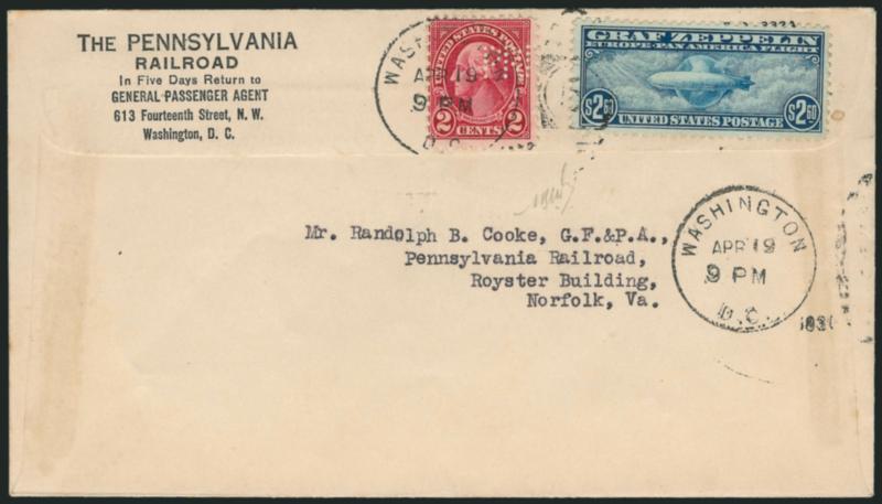 65c-$2.60 Graf Zeppelin (C13-C15).> Each tied on backflap of separate <Pennsylvania Railroad illustrated cover> by Washington D.C. Apr. 19, 1930 <First Day of Issue> duplexes with second clear strike below,
each addressed to Mr. Randolph Cook in No