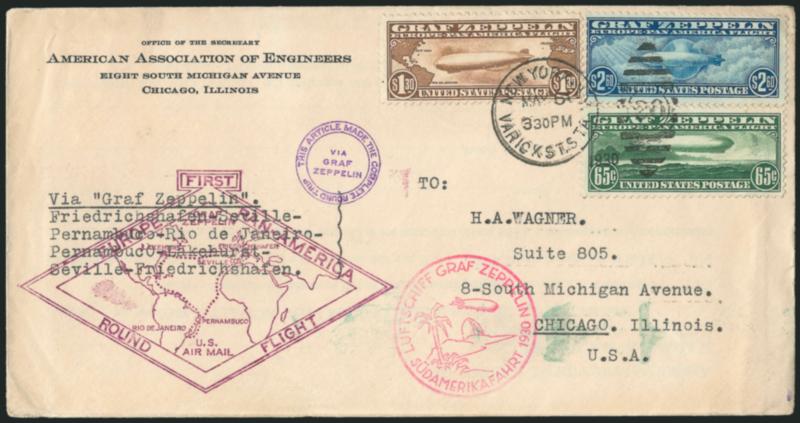 65c-$2.60 Graf Zeppelin (C13-C15).> Tied by New York Varick St. Sta. May 5, 1930 duplex cancel on cacheted cover to Chicago Ill., Friedrichschafen backstamp, fresh and Very Fine, a desirable and colorful cover
<carried on the round-trip flight>