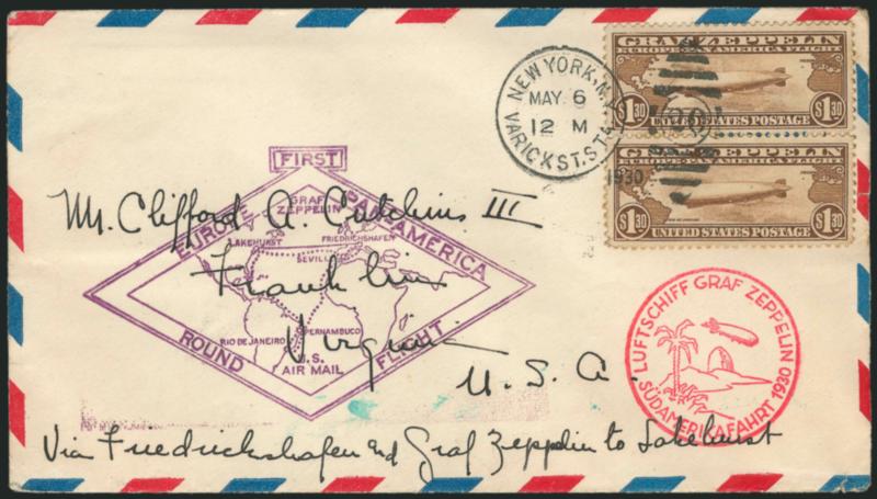 65c-$2.60 Graf Zeppelin (C13-C15).> Vertical pairs of 65c and $1.30, single of $2.60, each tied on cacheted flight cover, Lakehurst receiving backstamps, last with some minor gum toning, otherwise Very
Fine-Extremely Fine, Scott Retail as singles for