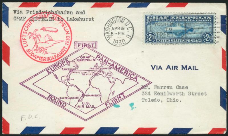 65c-$2.60 Graf Zeppelin (C13-C15).> Each tied by Washington D.C. Apr. 19, 1930 machine cancel on separate cacheted flown <First Day> cover or card (first), fresh and Very Fine