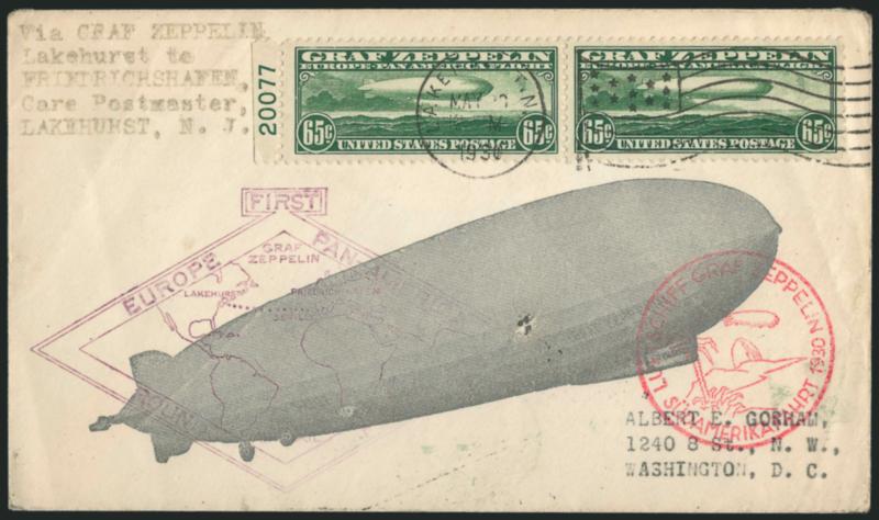 65c Graf Zeppelin (C13).> Horizontal pair with plate no. 20077 at left, tied by Lakehurst N.J. May 30 1930 waving flag machine cancel, large gray Graf Zeppelin printed cachet and red and purple flight
handstamped cachets, Fine