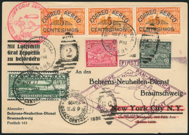 65c Graf Zeppelin (C13).> Used with five different Panamanian air post stamps (Sieger 64X), all tied by Agencia PostalPanamaMay 15 1930 duplex cancels, this mixed franking cover was prepared with the intent of
flying it aboard the Graf Zeppelin f