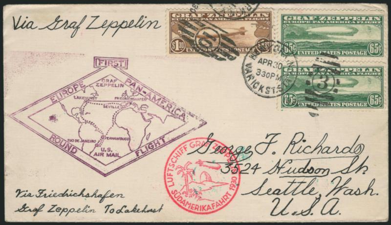 65c, $1.30 Graf Zeppelin (C13-C14).> Two singles of former, one of latter, small top right corner fault, on flown cacheted cover <tied by two different New York City oval grid duplexes,> one a 3 with
horizontal bars, the other a 10 with vertical