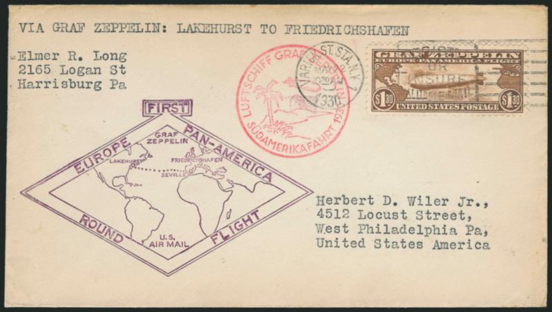 65c, $1.30 Graf zeppelin (C13-C14).> One of each on flown cacheted cards, another of latter on cacheted flight cover, the 65c is a photo card of the Graf Zeppelin being taken out of its hanger with a small
inset photo of Dr. Eckener, $1.30 card with