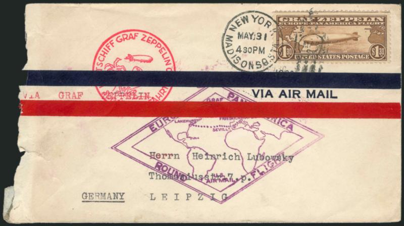 65c, $1.30 Graf Zeppelin (C13-C14).> 65c on photo post card featuring Dr. Eckener, Count Zeppelin, Captain Lehmann and the Graf Zeppelin, <without any U.S. markings> and tied by Friedrichshafen June 6 1930
circular datestamp, additional German 1m Eag
