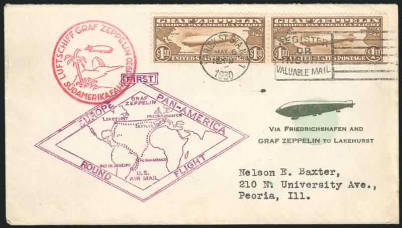 $1.30 Graf Zeppelin (C14).> Horizontal pair, tied by neat Varick St. Sta. N.Y. May 6, 1930 datestamp on oor green cachet> cover to Peoria Ill., usual cachets, May 31 Lakehurst receiving backstamp, Very Fine
and choice, only two examples of this c