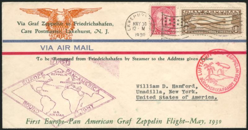 $1.30 Graf Zeppelin (C14).> Used with 2c No. 683 and tied by Lakehurst N.J. May 30, 1930 datestamp on anford cachet> cover to Unadilla N.Y., usual cachets, Eckner label on back, Friedrichschafen, New York and
receiving backstamps, Very Fine and c