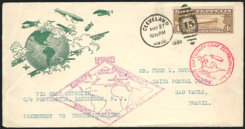 $1.30 Graf Zeppelin (C14).> Tied by bold Cleveland Ohio May 27, 1930 datestamp on <Griffin green cachet> cover <to Sao Paolo, Brazil,> neat Friedrichschafen backstamp, fresh and Very Fine, ex Berkun