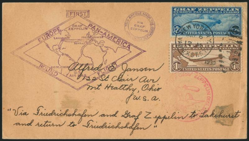 $1.30, $2.60 Graf Zeppelin (C14-C15).> Single of each, tied by New York Varick St. Sta. May 6, 1930 grid duplex cancel on <round-trip> buff envelope, usual cachets and appropriate backstamps, $1.30 short top
left corner perf and $2.60 top right corne
