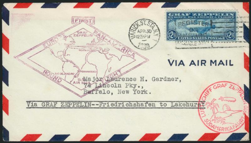 $2.60 Graf Zeppelin (C15).> Choice centering, tied by Varick St. Sta. N.Y. Apr. 30, 1930 machine cancel on cacheted cover to Buffalo N.Y., Lakehurst backstamp, Very Fine