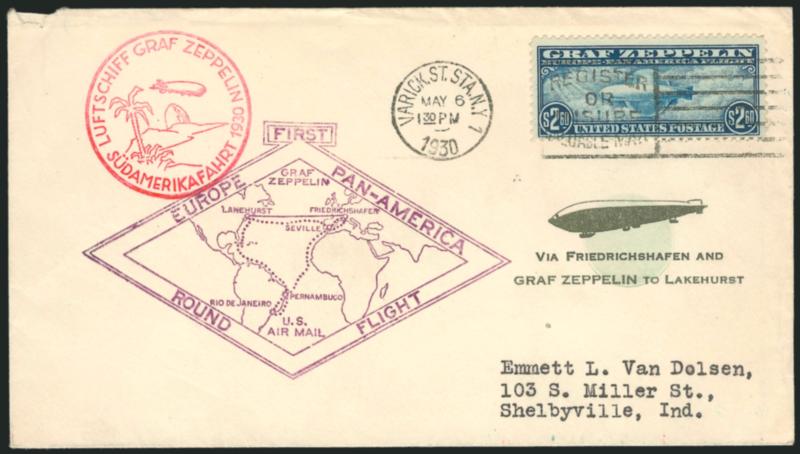 $2.60 Graf Zeppelin (C15).> Rich color, tied by neat Varick St. Sta. N.Y. May 6, 1930 datestamp on oor green cachet> cover to Shelbyville Ind., usual cachets, May 31 Lakehurst backstamp, tiny piece out at top
left, otherwise Very Fine and choice,