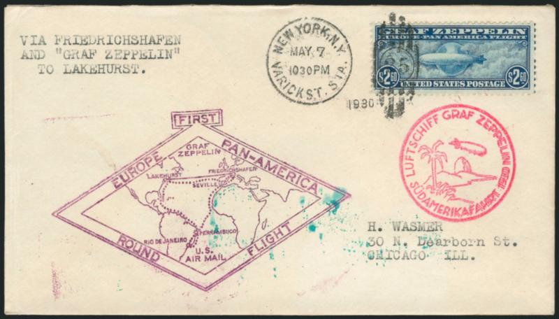 $2.60 Graf Zeppelin (C15).> Tied by New York, N.Y. Varick St. Sta. May 7, 1930 oval grid duplex cancel on cacheted flight cover, Very Fine