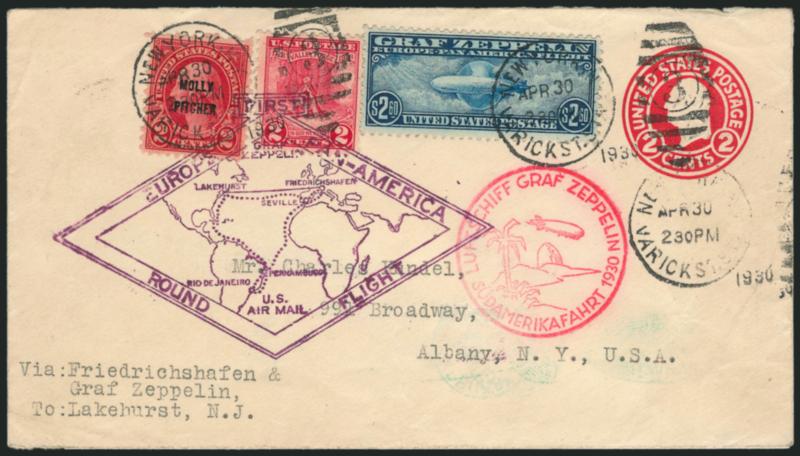 $2.60 Graf Zeppelin (C15).> Flown cacheted cover used with additional 2c Molly Pitcher and Valley Forge on 2c Red Round Die entire, all tied by New York, N.Y. Varick St. Sta. Apr. 30, 1930 grid duplex cancels
and flight cachet, Fine