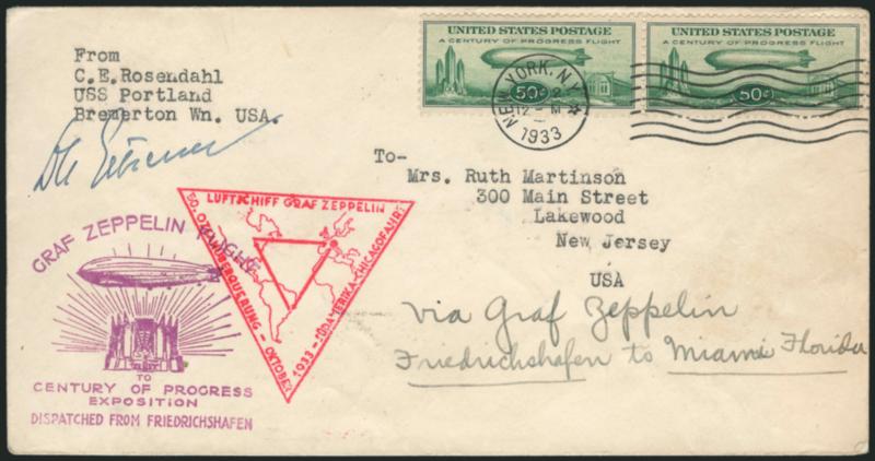 50c Chicago Zeppelin (C18).> Three flown New York <First Day Covers> (Oct. 2, 1933), two with pairs, other pair and single, <all signed by Dr. Eckener,> same addressee, purple Century of Progress and red
Triangular Round Trip cachets, pair on last so
