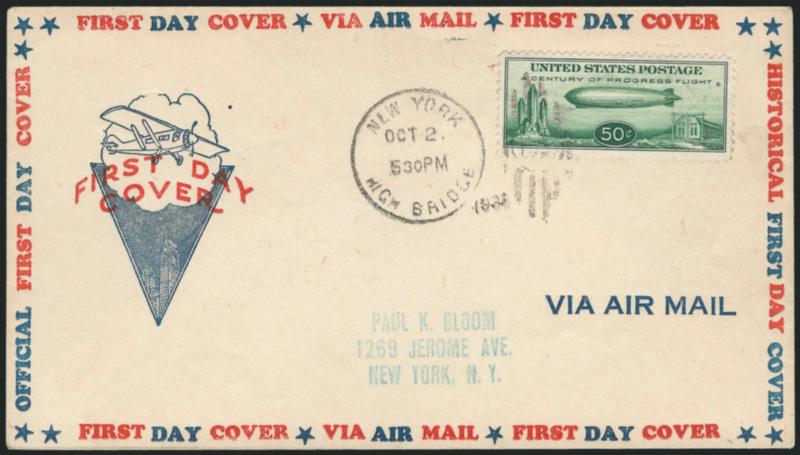 50c Chicago Zeppelin (C18).> Two New York City First Day covers (Oct. 2, 1933), one sent Air MailRegisteredSpecial Delivery to Kansas, stamp tied by mute double oval, nice range of markings, also incl.
<original Registry Receipt,> other tied by Ne