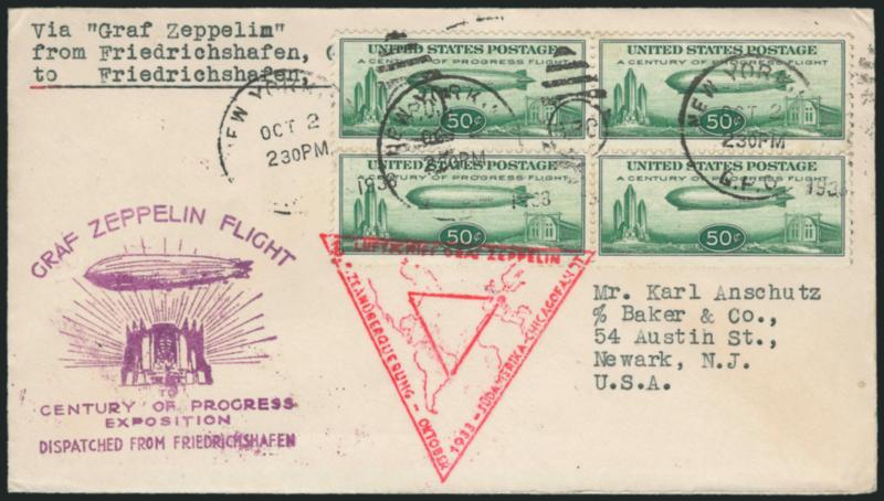 50c Chicago Zeppelin (C18).> 18 stamps on six flown <New York First Day Covers> (Oct. 2, 1933), multiple frankings with pairs, four singles and two blocks of four, purple Century of Progress and red Round Trip
Triangular cachets, two stamps lightly c